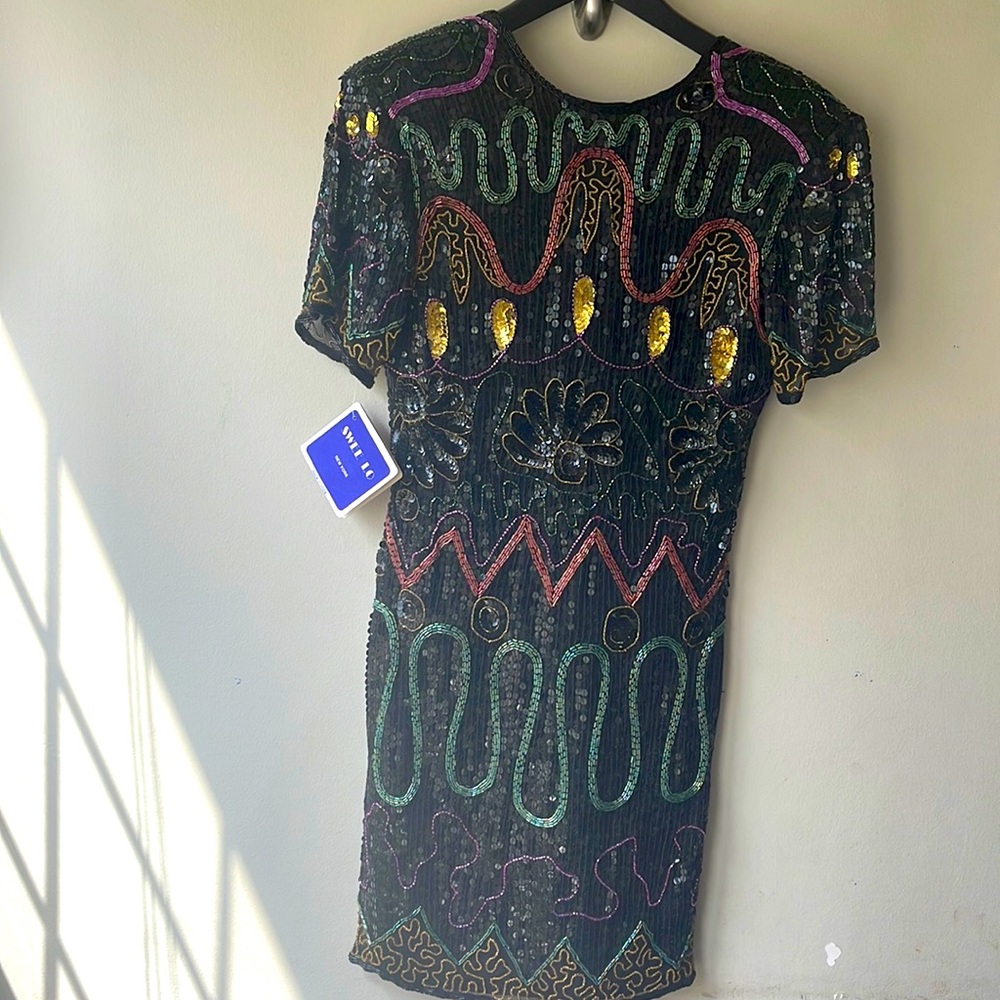 VINTAGE RARE SWEE LO 80s Christmas NYE 100% Silk Beaded Sequined Party Dress
